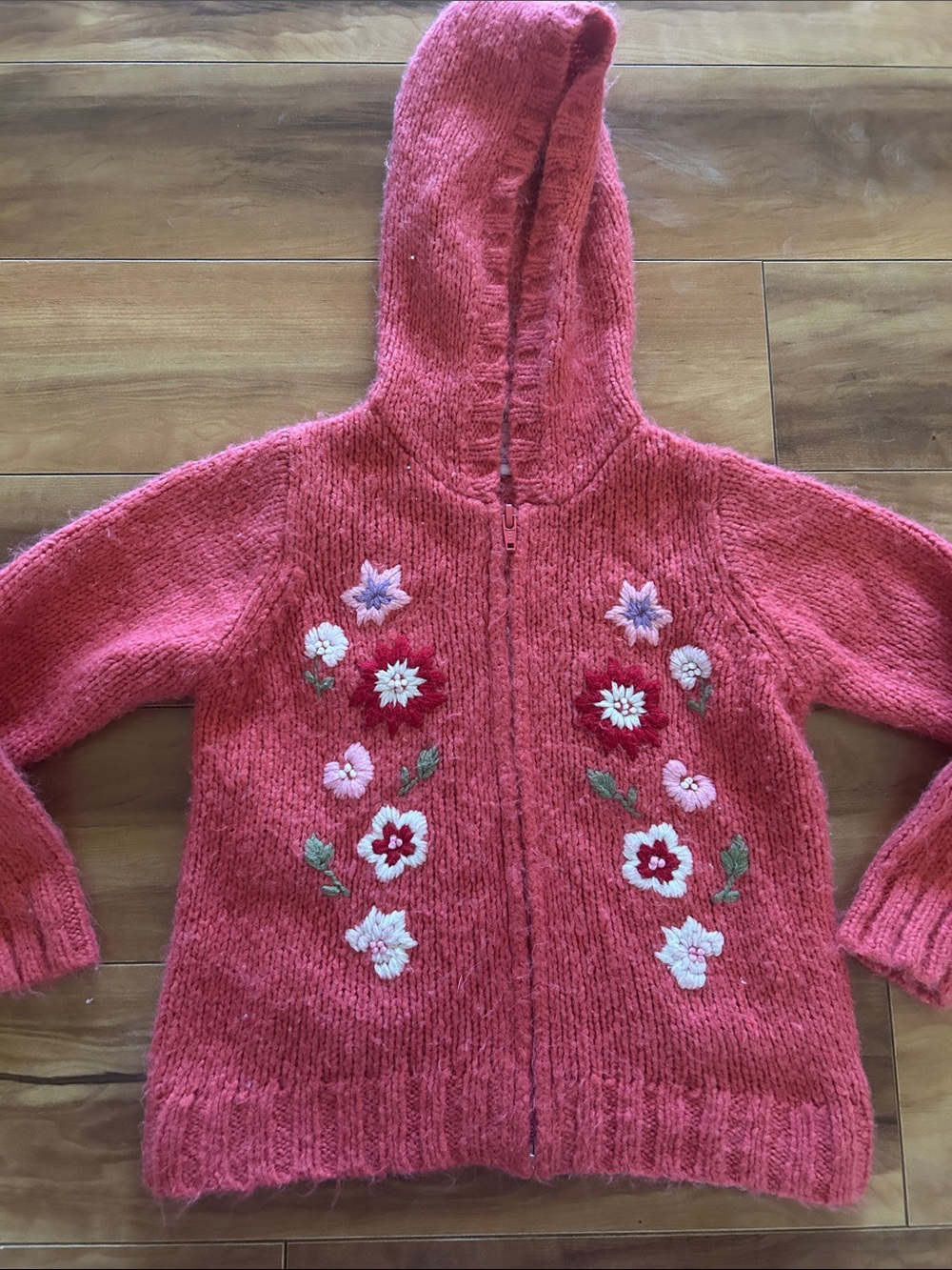 Old Navy Pink Hooded Knit Sweater with Floral Embroidery